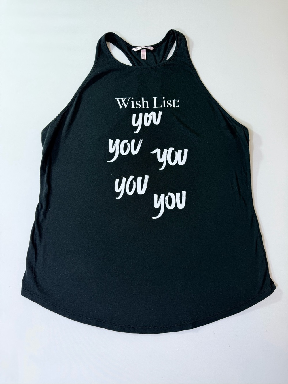 Victoria's Secret Black Racerback Tank with White 'Wish List' Graphic Size Large